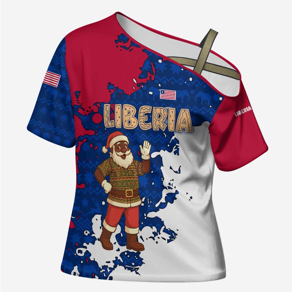 Liberia Christmas Cross Shoulder Shirt with Santa Claus Map Graphic and Red Blue Festive - Wonder Print Shop