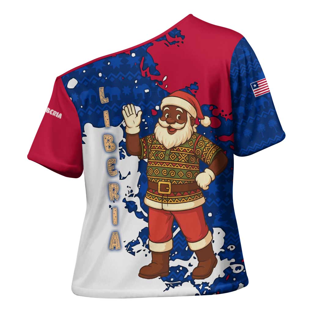 Liberia Christmas Cross Shoulder Shirt with Santa Claus Map Graphic and Red Blue Festive - Wonder Print Shop