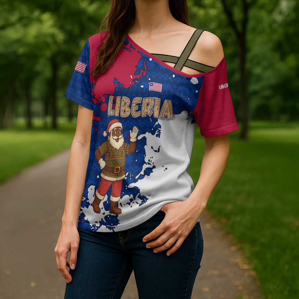 Liberia Christmas Cross Shoulder Shirt with Santa Claus Map Graphic and Red Blue Festive - Wonder Print Shop