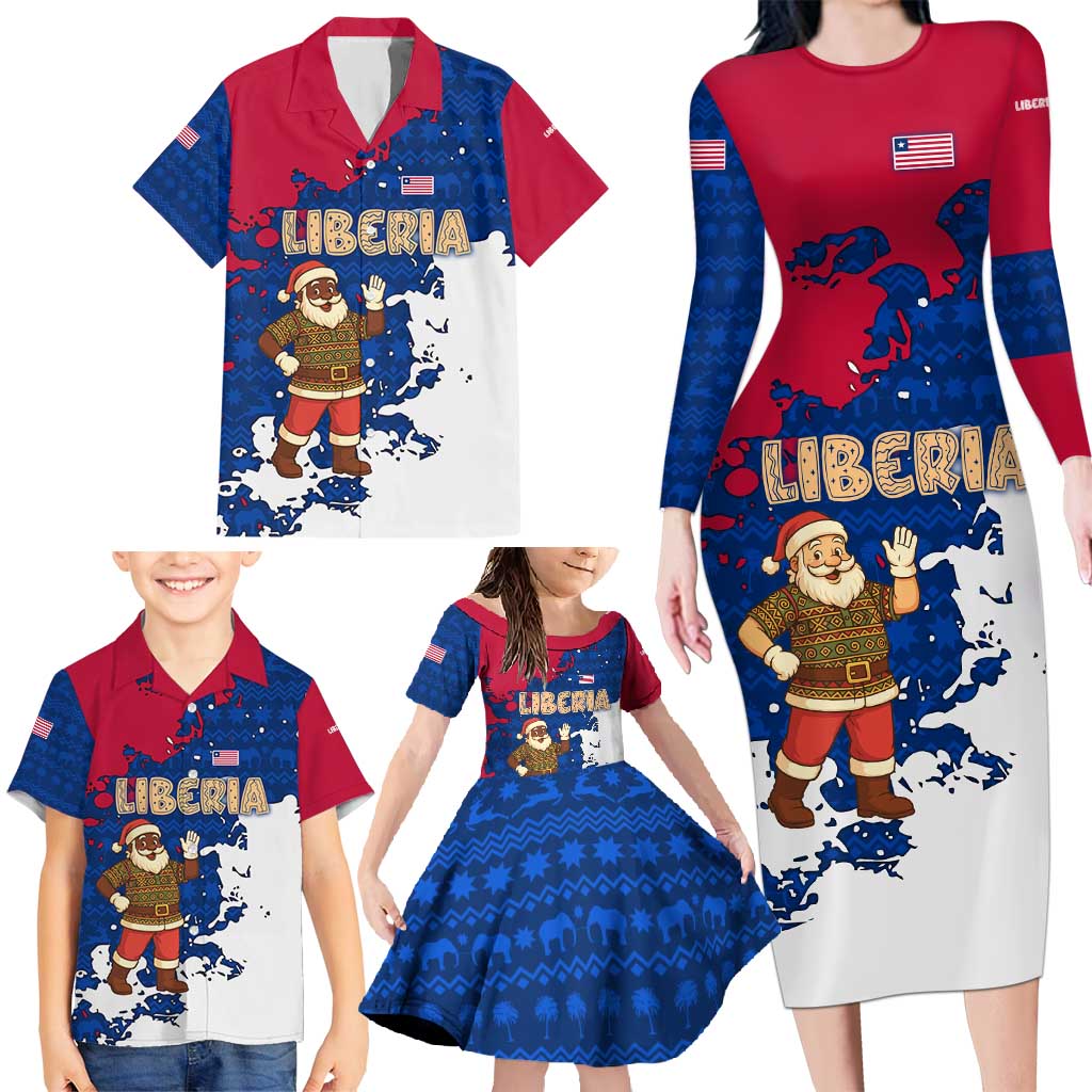 Liberia Christmas Family Matching Long Sleeve Bodycon Dress and Hawaiian Shirt with Santa Claus Map Graphic and Red Blue Festive - Wonder Print Shop