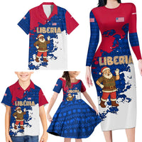 Liberia Christmas Family Matching Long Sleeve Bodycon Dress and Hawaiian Shirt with Santa Claus Map Graphic and Red Blue Festive - Wonder Print Shop