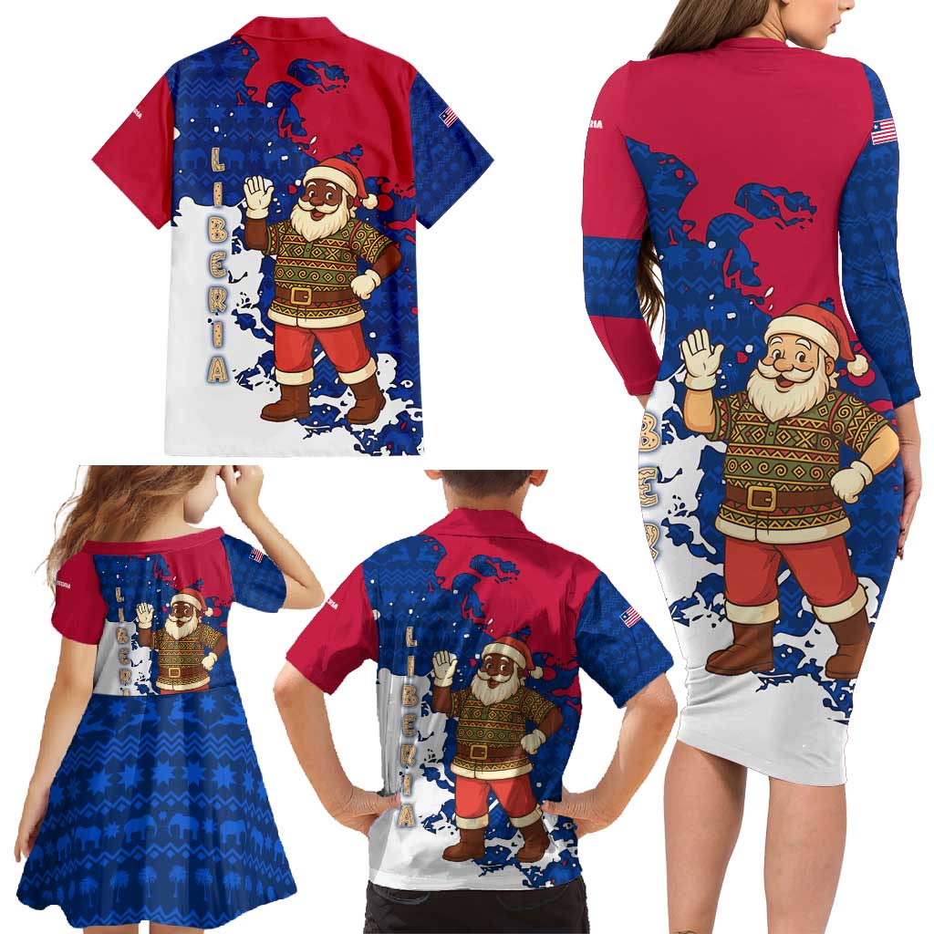 Liberia Christmas Family Matching Long Sleeve Bodycon Dress and Hawaiian Shirt with Santa Claus Map Graphic and Red Blue Festive - Wonder Print Shop