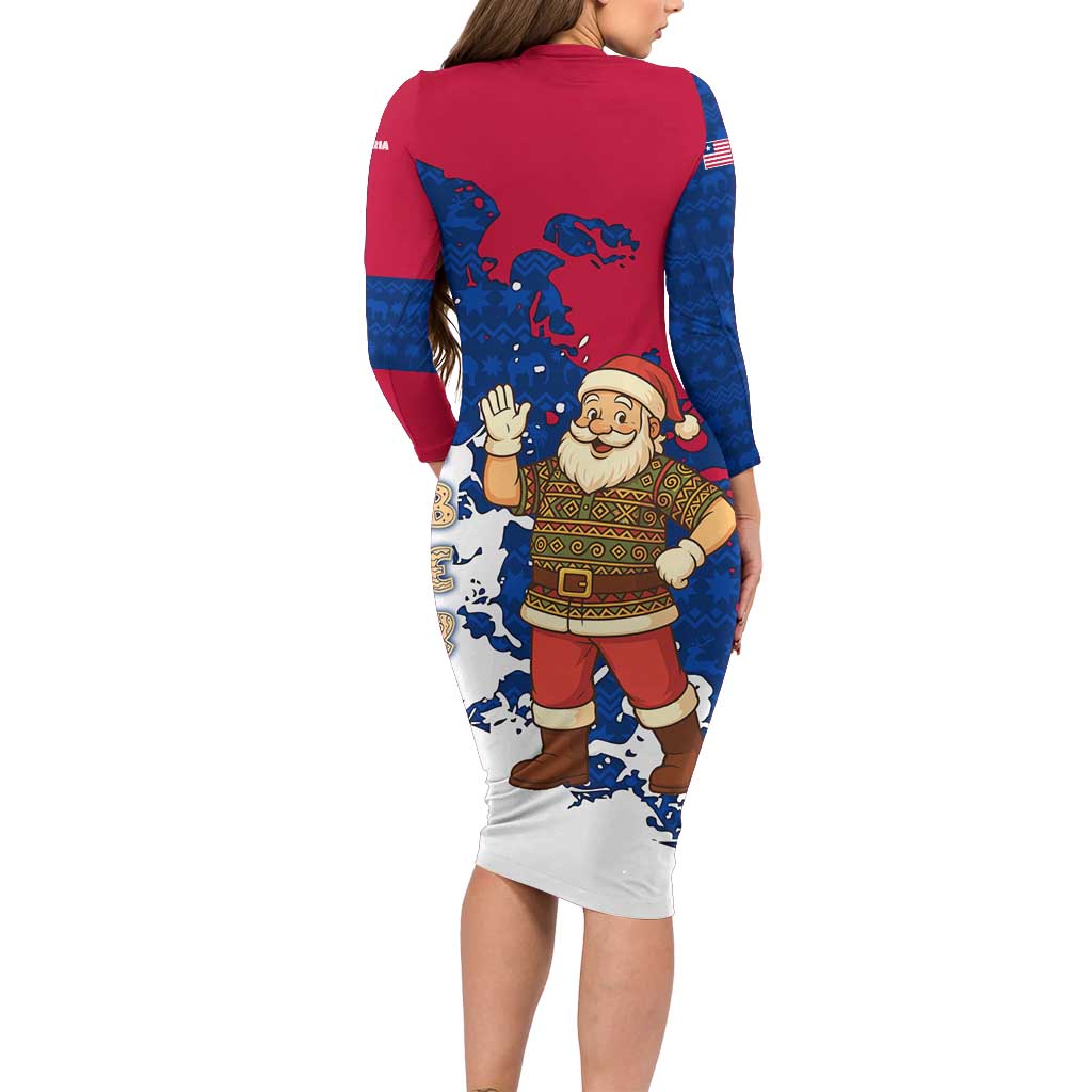 Liberia Christmas Family Matching Long Sleeve Bodycon Dress and Hawaiian Shirt with Santa Claus Map Graphic and Red Blue Festive - Wonder Print Shop