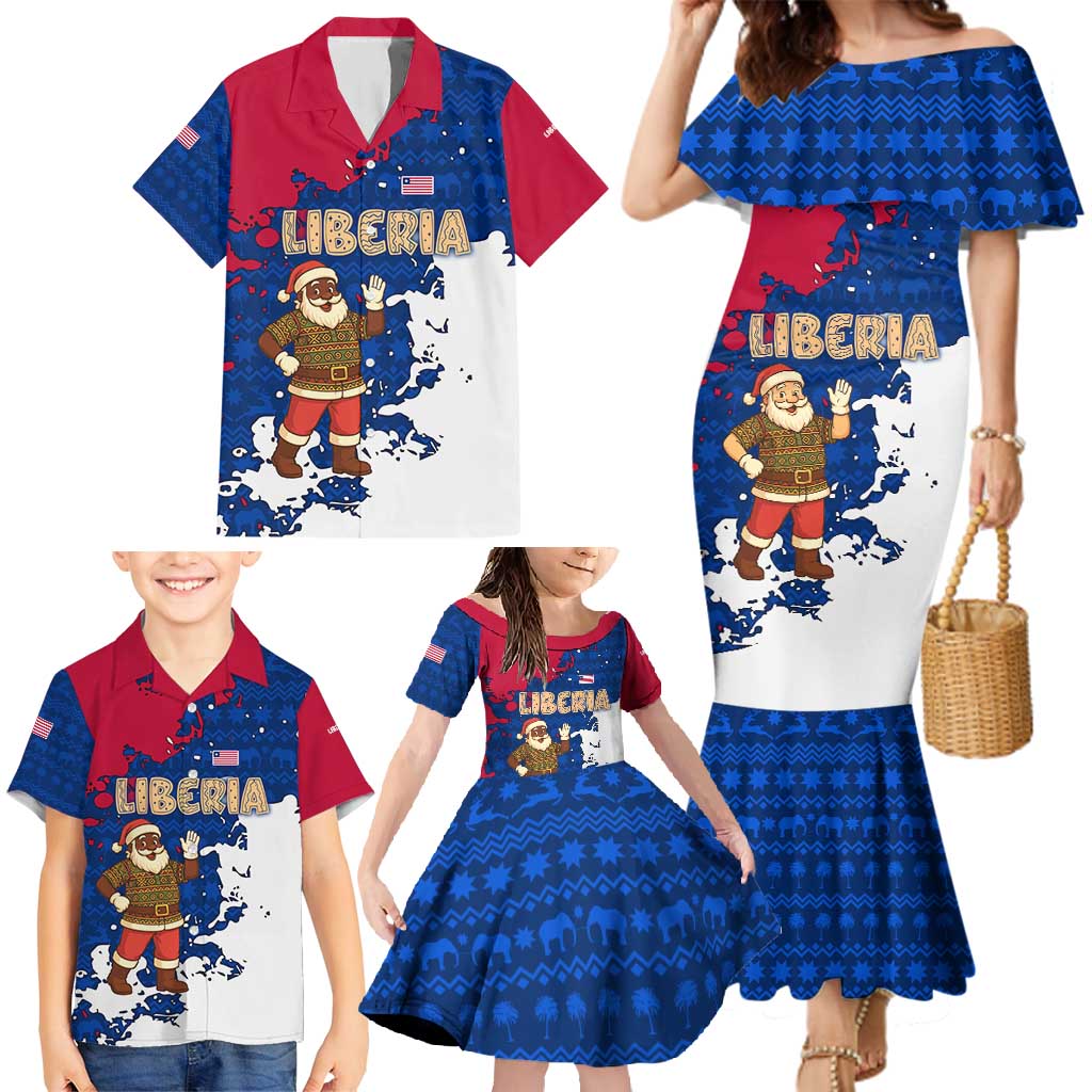 Liberia Christmas Family Matching Mermaid Dress and Hawaiian Shirt with Santa Claus Map Graphic and Red Blue Festive - Wonder Print Shop