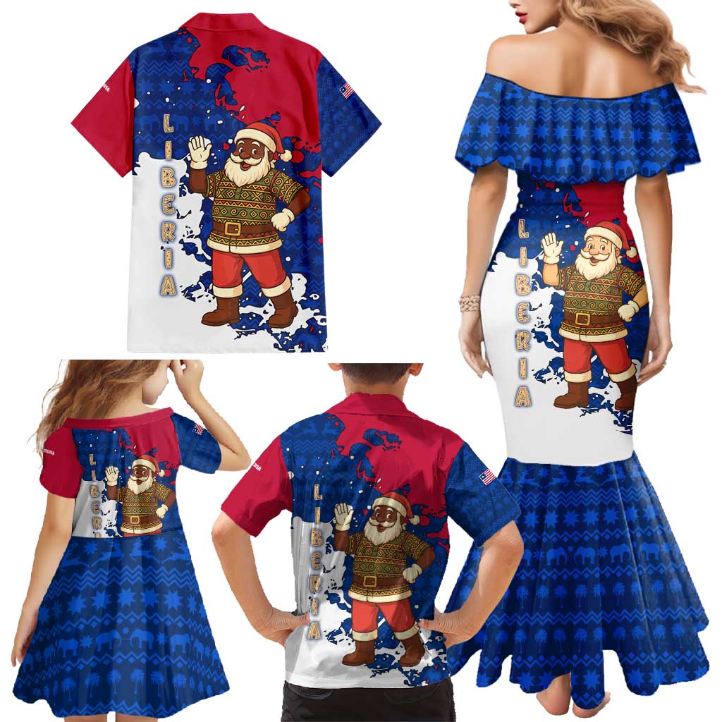 Liberia Christmas Family Matching Mermaid Dress and Hawaiian Shirt with Santa Claus Map Graphic and Red Blue Festive - Wonder Print Shop