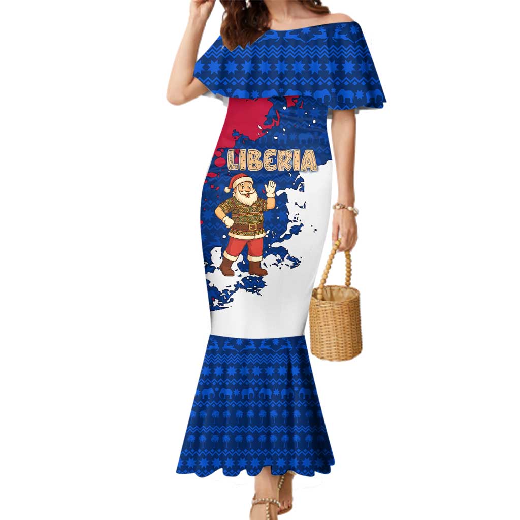 Liberia Christmas Family Matching Mermaid Dress and Hawaiian Shirt with Santa Claus Map Graphic and Red Blue Festive - Wonder Print Shop