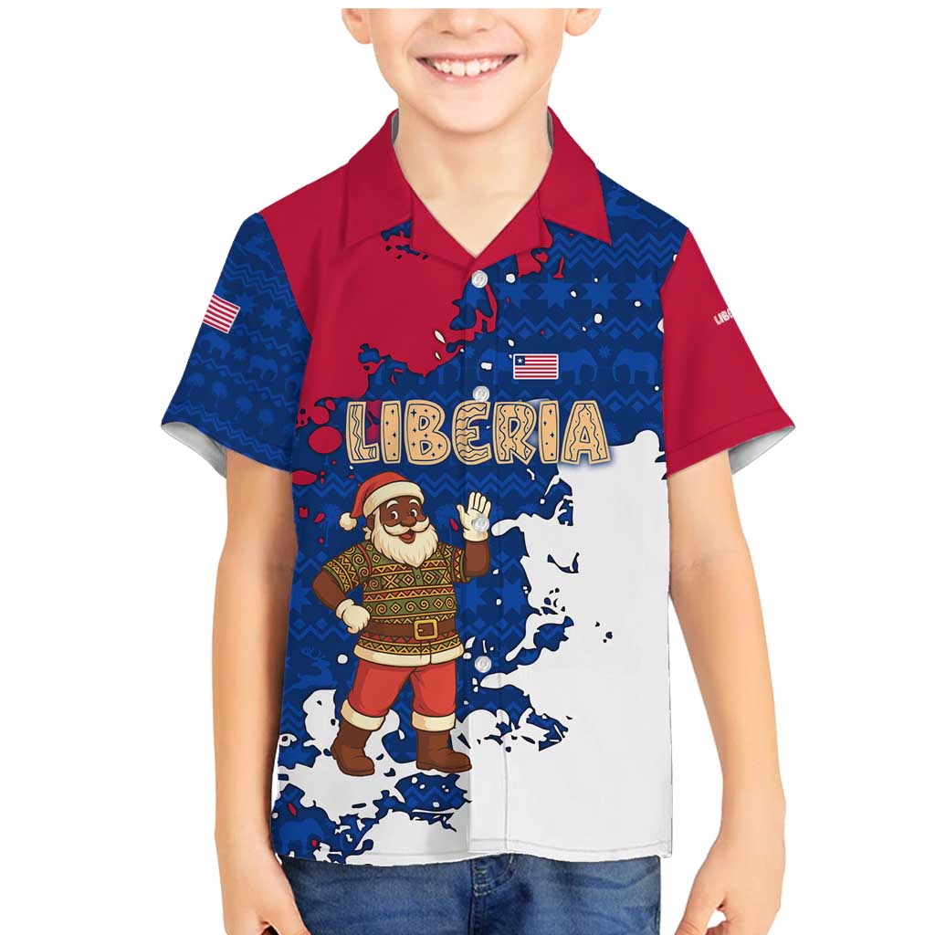 Liberia Christmas Family Matching Mermaid Dress and Hawaiian Shirt with Santa Claus Map Graphic and Red Blue Festive - Wonder Print Shop