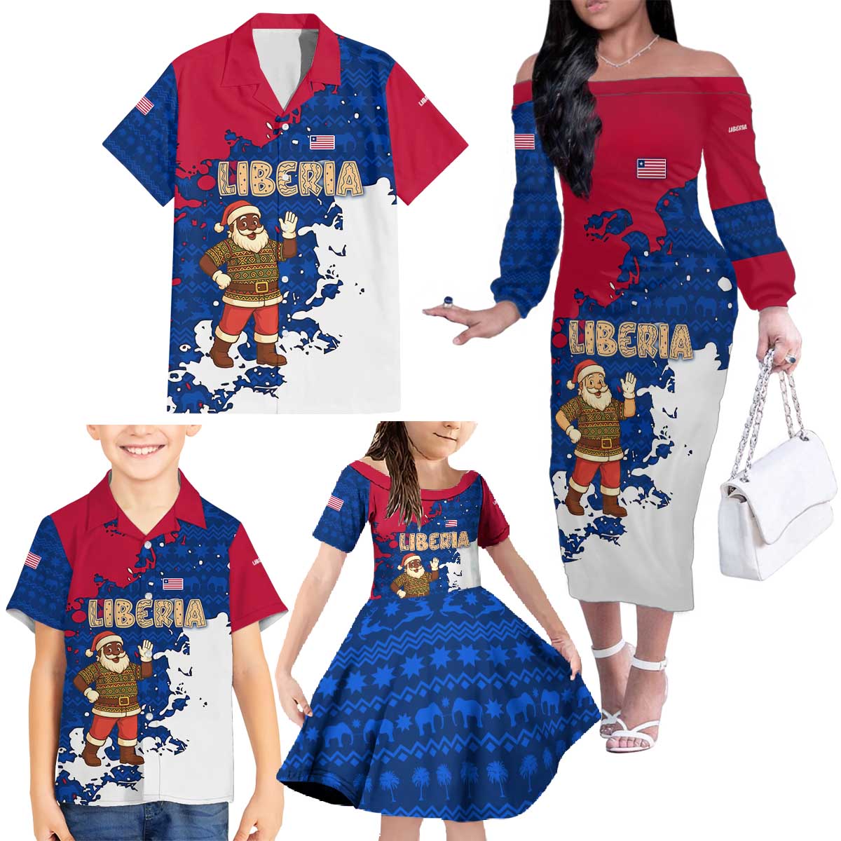 Liberia Christmas Family Matching Off The Shoulder Long Sleeve Dress and Hawaiian Shirt with Santa Claus Map Graphic and Red Blue Festive - Wonder Print Shop