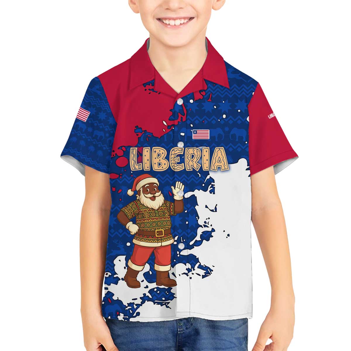 Liberia Christmas Family Matching Off The Shoulder Long Sleeve Dress and Hawaiian Shirt with Santa Claus Map Graphic and Red Blue Festive - Wonder Print Shop