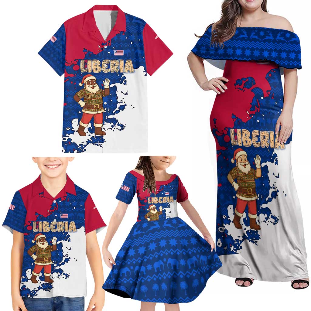 Liberia Christmas Family Matching Off Shoulder Maxi Dress and Hawaiian Shirt with Santa Claus Map Graphic and Red Blue Festive - Wonder Print Shop