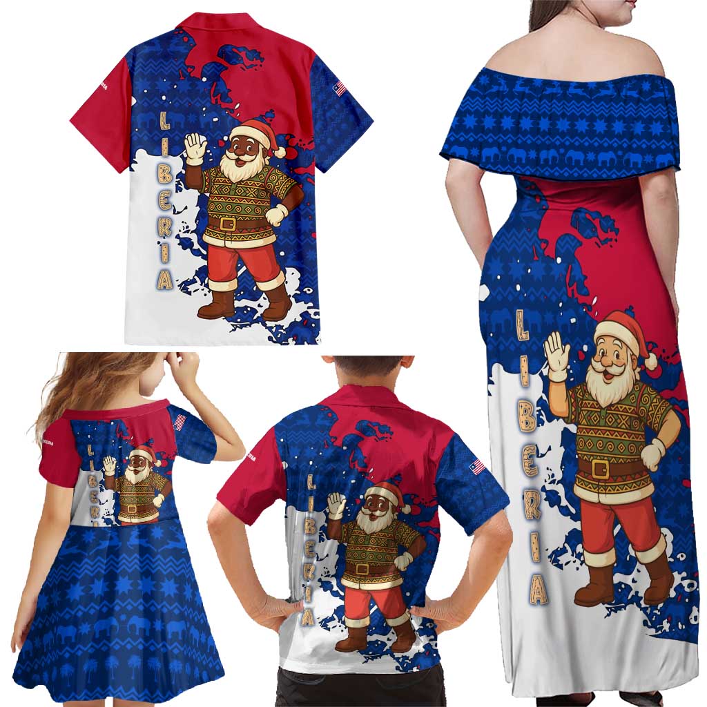 Liberia Christmas Family Matching Off Shoulder Maxi Dress and Hawaiian Shirt with Santa Claus Map Graphic and Red Blue Festive - Wonder Print Shop