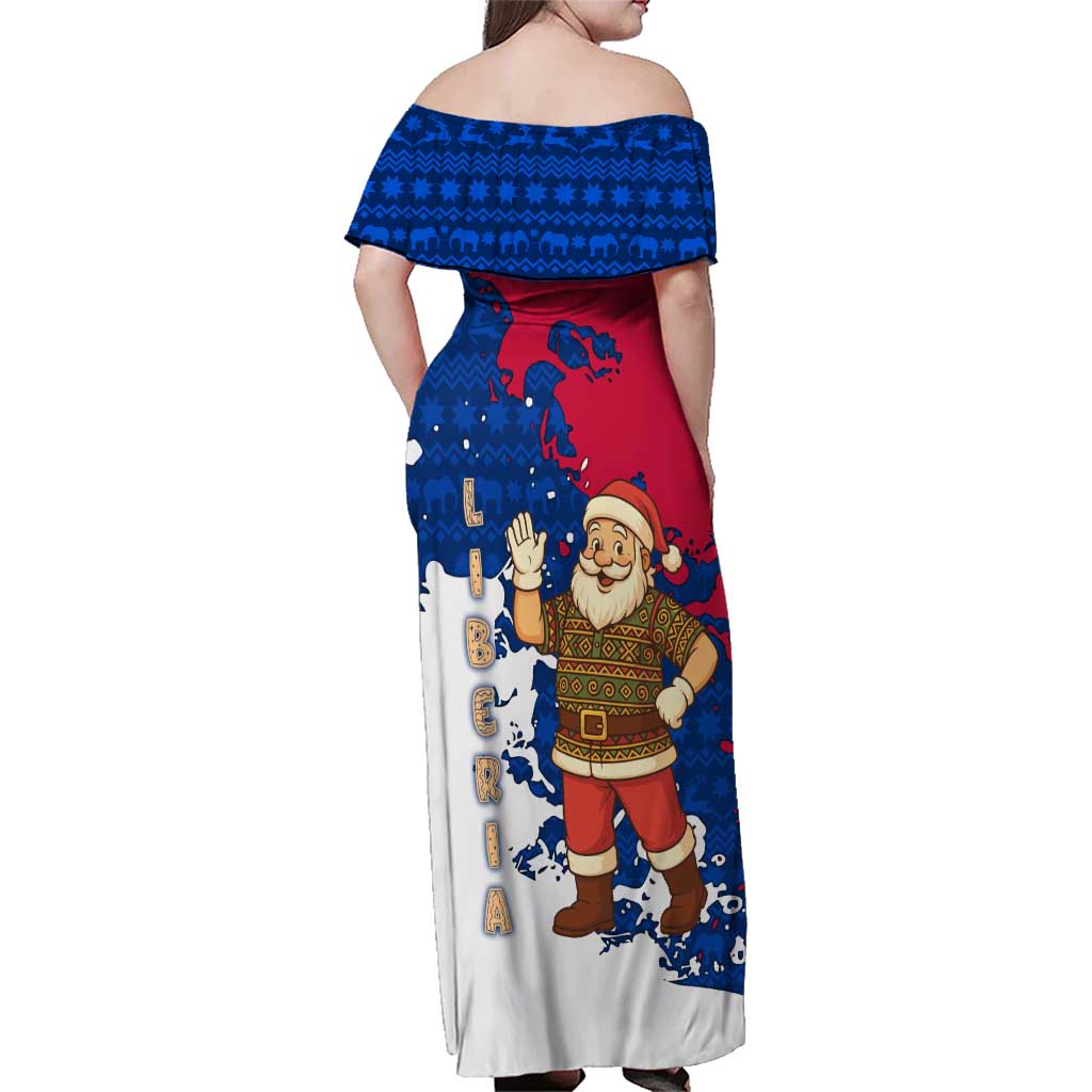 Liberia Christmas Family Matching Off Shoulder Maxi Dress and Hawaiian Shirt with Santa Claus Map Graphic and Red Blue Festive - Wonder Print Shop