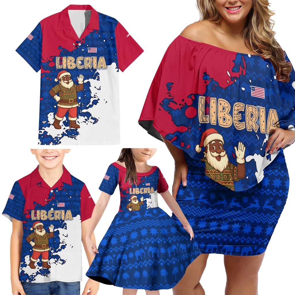 Liberia Christmas Family Matching Off Shoulder Short Dress and Hawaiian Shirt with Santa Claus Map Graphic and Red Blue Festive - Wonder Print Shop