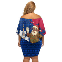 Liberia Christmas Family Matching Off Shoulder Short Dress and Hawaiian Shirt with Santa Claus Map Graphic and Red Blue Festive - Wonder Print Shop