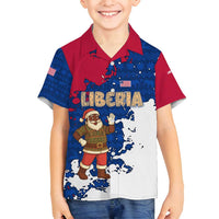 Liberia Christmas Family Matching Off Shoulder Short Dress and Hawaiian Shirt with Santa Claus Map Graphic and Red Blue Festive - Wonder Print Shop