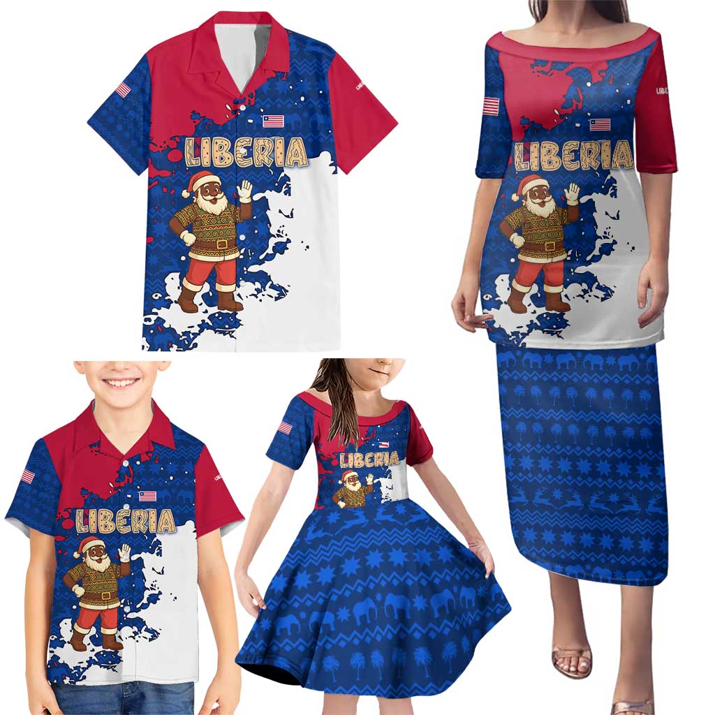 Liberia Christmas Family Matching Puletasi and Hawaiian Shirt with Santa Claus Map Graphic and Red Blue Festive - Wonder Print Shop