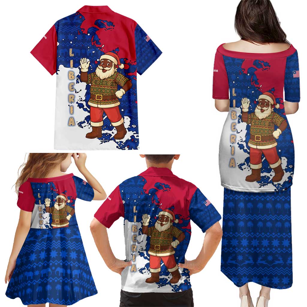 Liberia Christmas Family Matching Puletasi and Hawaiian Shirt with Santa Claus Map Graphic and Red Blue Festive - Wonder Print Shop