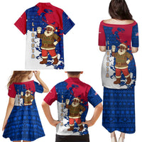 Liberia Christmas Family Matching Puletasi and Hawaiian Shirt with Santa Claus Map Graphic and Red Blue Festive - Wonder Print Shop