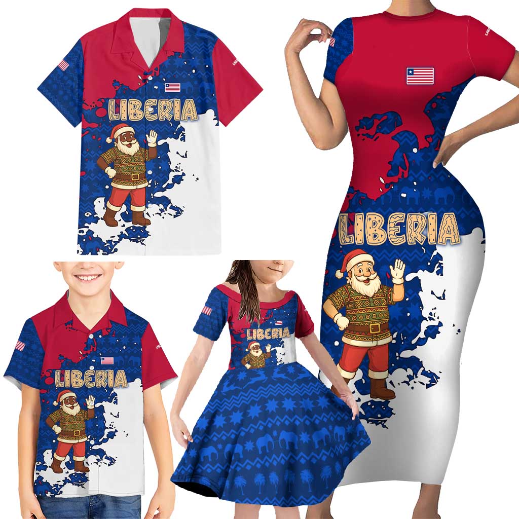 Liberia Christmas Family Matching Short Sleeve Bodycon Dress and Hawaiian Shirt with Santa Claus Map Graphic and Red Blue Festive - Wonder Print Shop