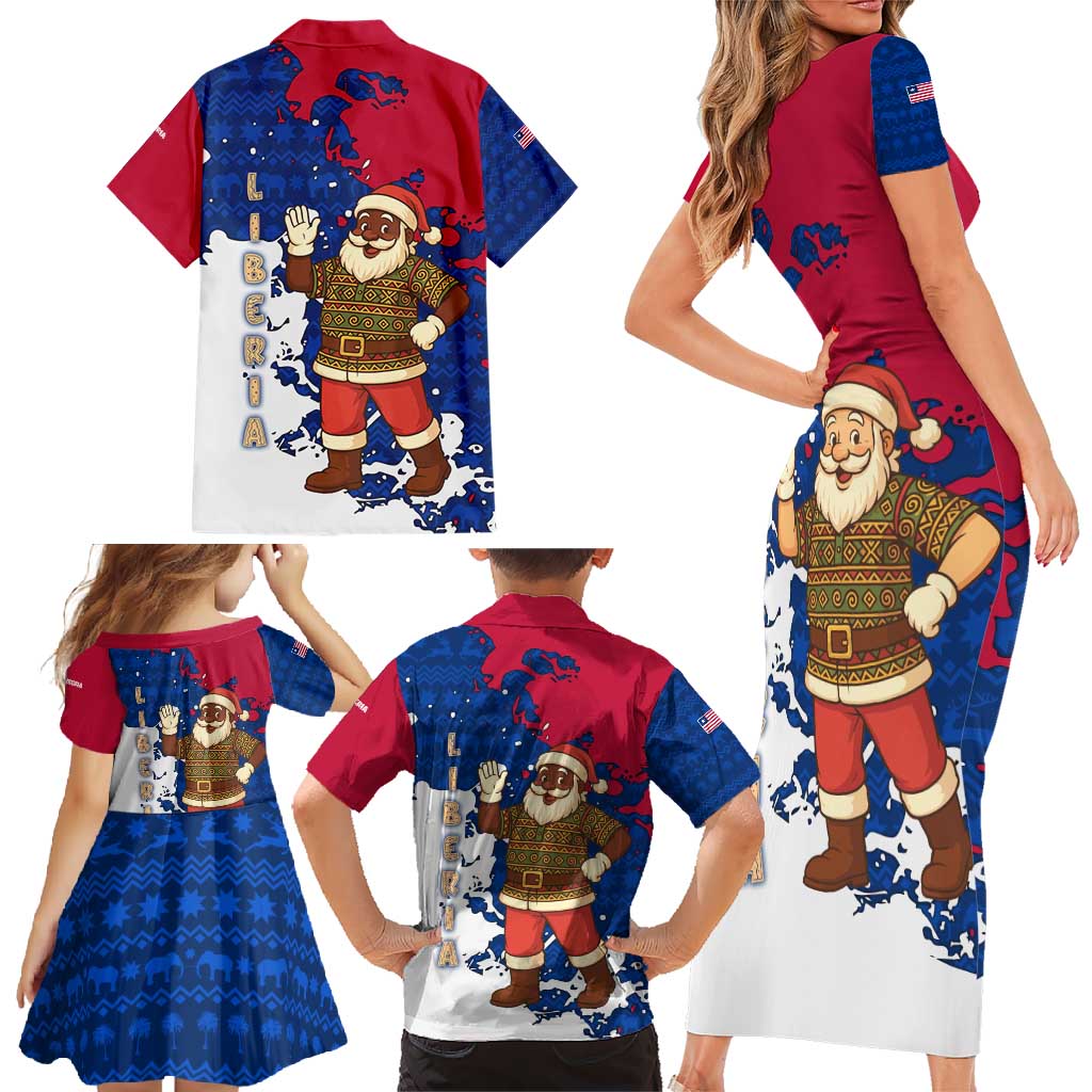 Liberia Christmas Family Matching Short Sleeve Bodycon Dress and Hawaiian Shirt with Santa Claus Map Graphic and Red Blue Festive - Wonder Print Shop