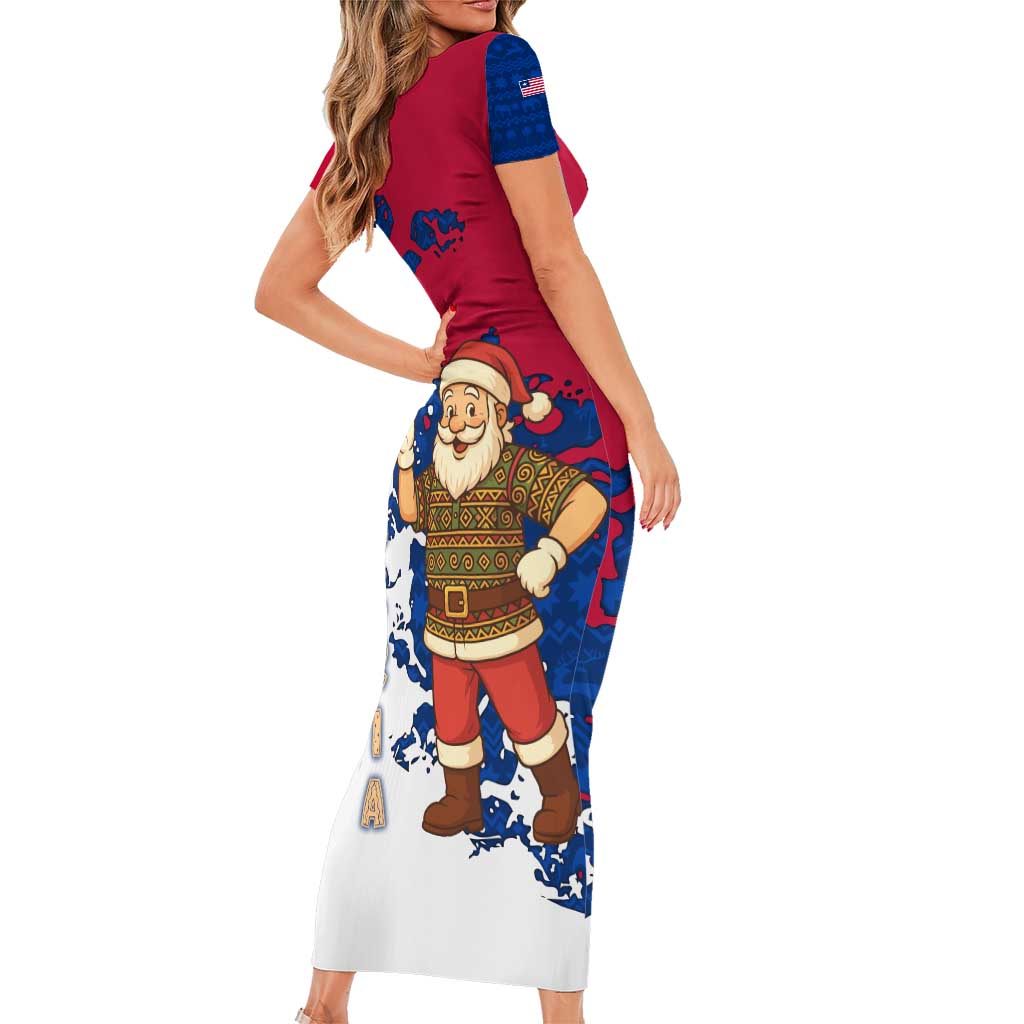 Liberia Christmas Family Matching Short Sleeve Bodycon Dress and Hawaiian Shirt with Santa Claus Map Graphic and Red Blue Festive - Wonder Print Shop
