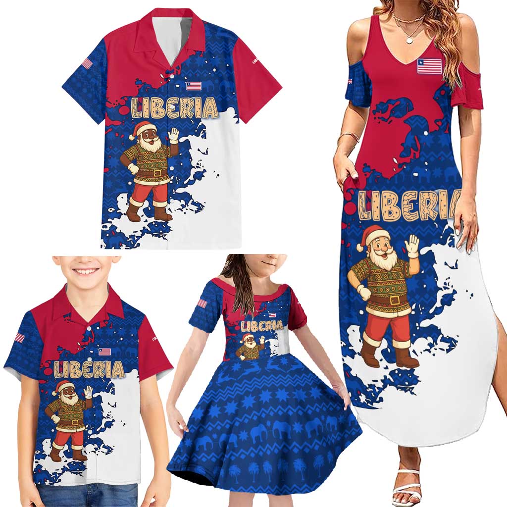 Liberia Christmas Family Matching Summer Maxi Dress and Hawaiian Shirt with Santa Claus Map Graphic and Red Blue Festive - Wonder Print Shop