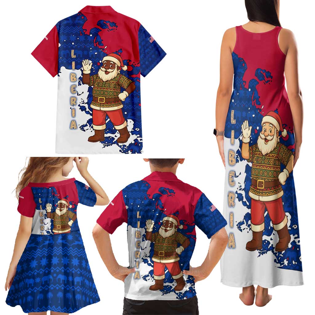 Liberia Christmas Family Matching Tank Maxi Dress and Hawaiian Shirt with Santa Claus Map Graphic and Red Blue Festive - Wonder Print Shop