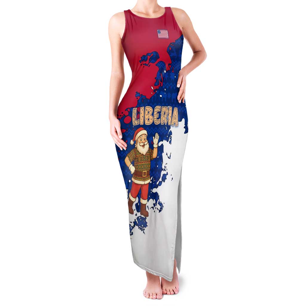 Liberia Christmas Family Matching Tank Maxi Dress and Hawaiian Shirt with Santa Claus Map Graphic and Red Blue Festive - Wonder Print Shop