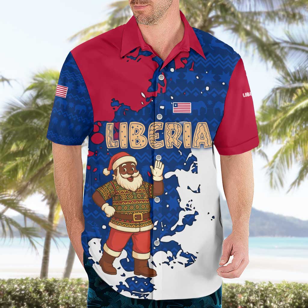 Liberia Christmas Hawaiian Shirt with Santa Claus Map Graphic and Red Blue Festive - Wonder Print Shop