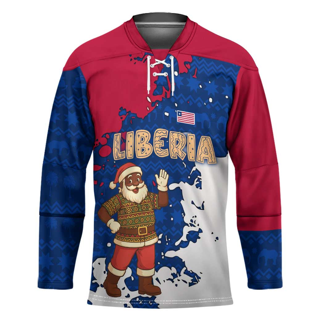 Liberia Christmas Hockey Jersey with Santa Claus Map Graphic and Red Blue Festive - Wonder Print Shop