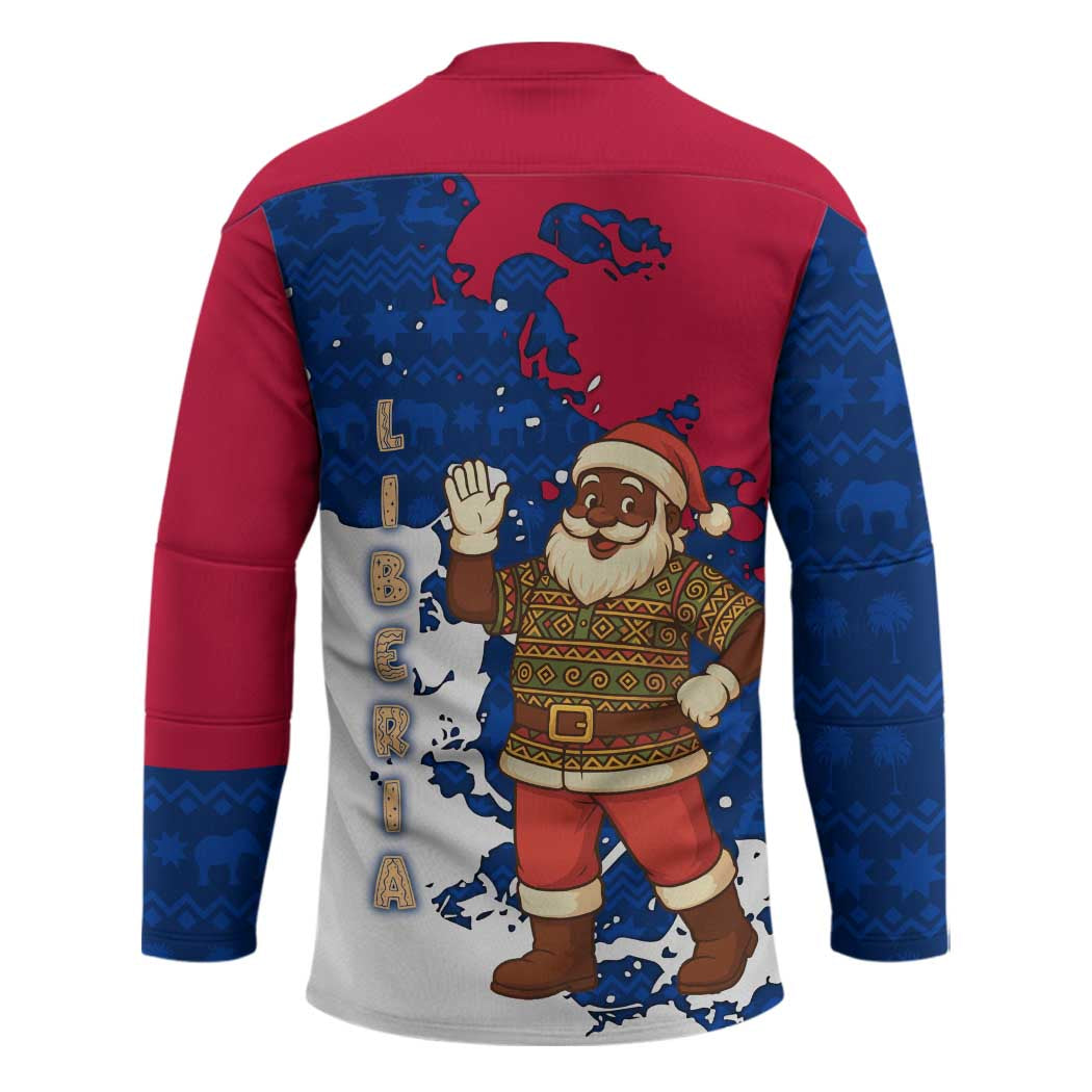 Liberia Christmas Hockey Jersey with Santa Claus Map Graphic and Red Blue Festive - Wonder Print Shop
