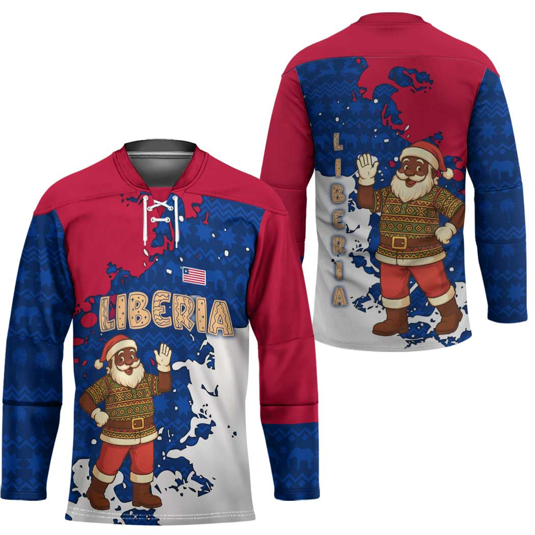 Liberia Christmas Hockey Jersey with Santa Claus Map Graphic and Red Blue Festive - Wonder Print Shop