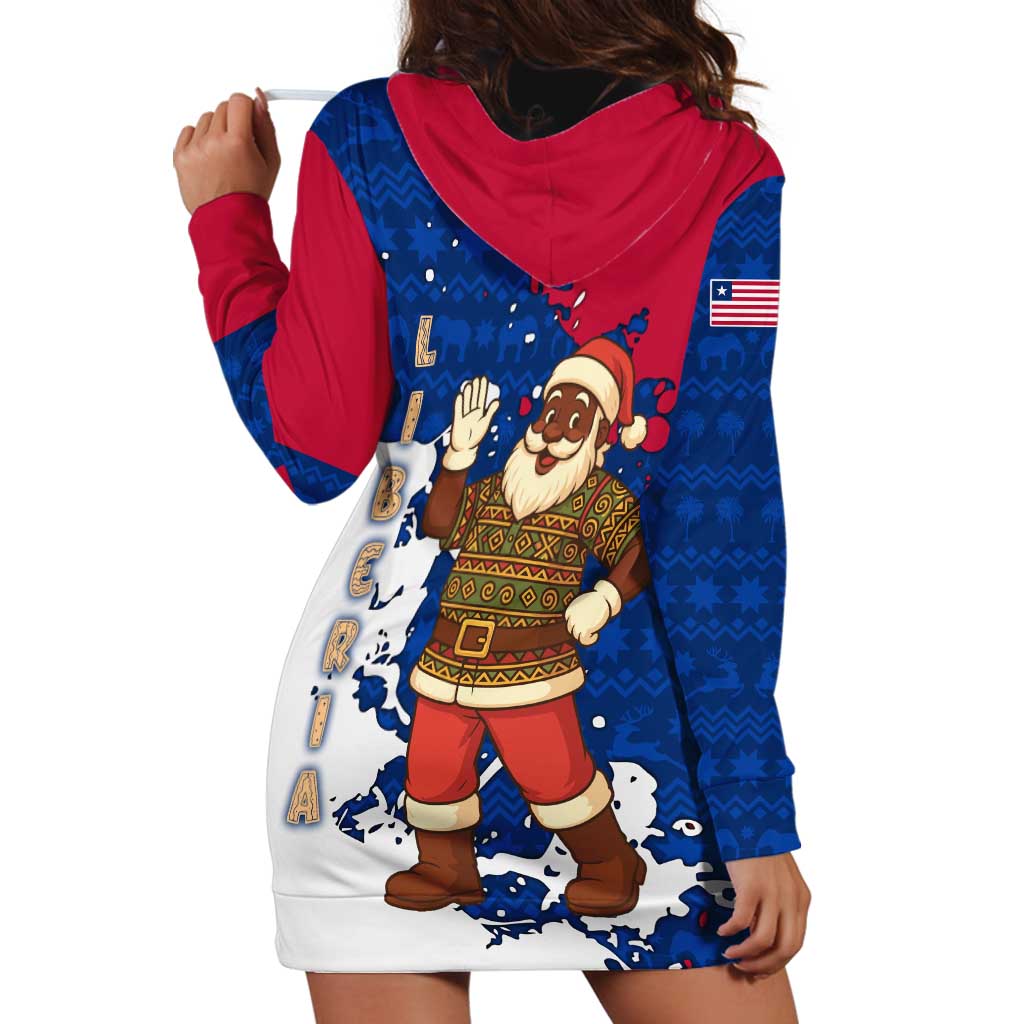 Liberia Christmas Hoodie Dress with Santa Claus Map Graphic and Red Blue Festive - Wonder Print Shop
