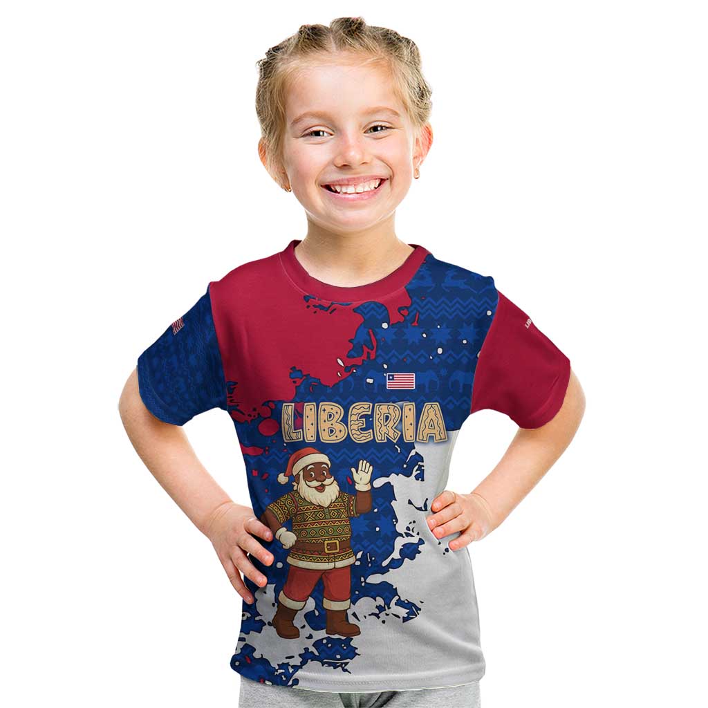 Liberia Christmas Kid T Shirt with Santa Claus Map Graphic and Red Blue Festive - Wonder Print Shop