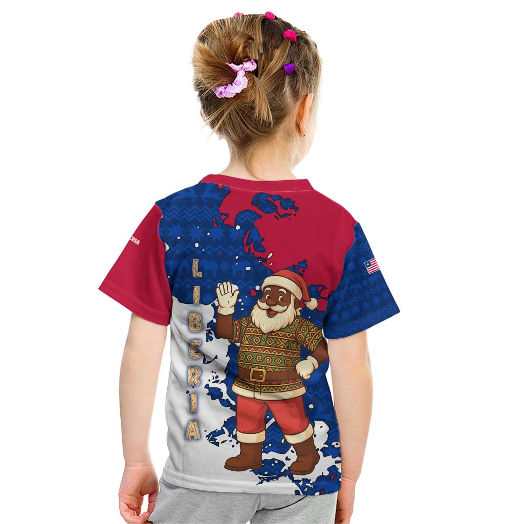 Liberia Christmas Kid T Shirt with Santa Claus Map Graphic and Red Blue Festive - Wonder Print Shop