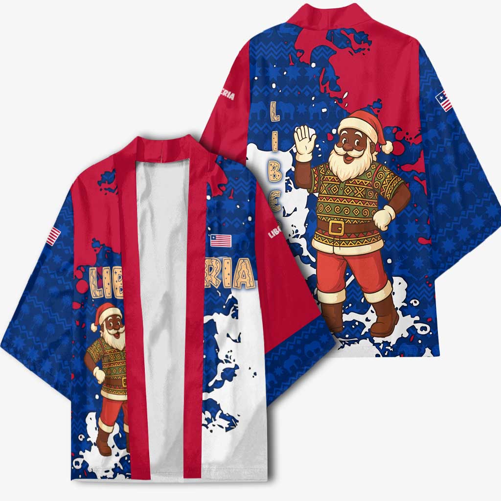 Liberia Christmas Kimono with Santa Claus Map Graphic and Red Blue Festive - Wonder Print Shop