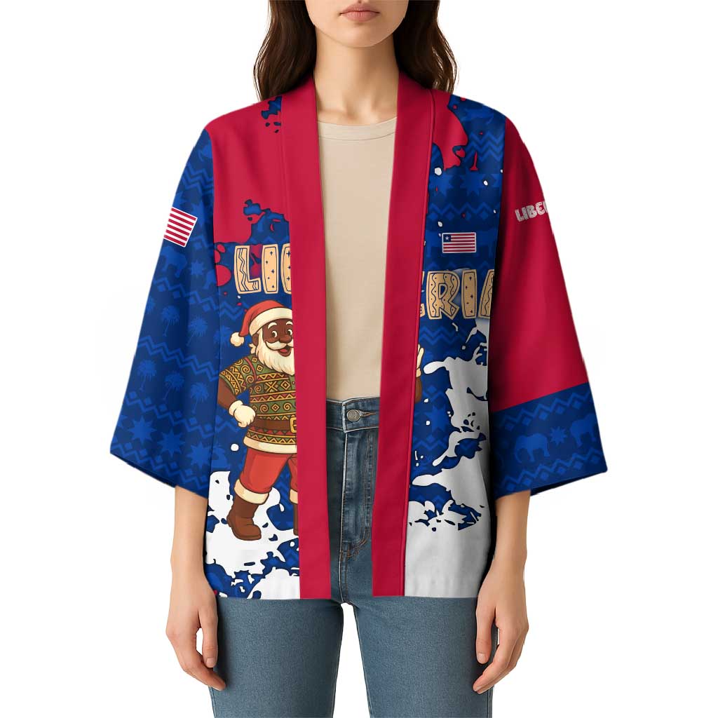 Liberia Christmas Kimono with Santa Claus Map Graphic and Red Blue Festive - Wonder Print Shop