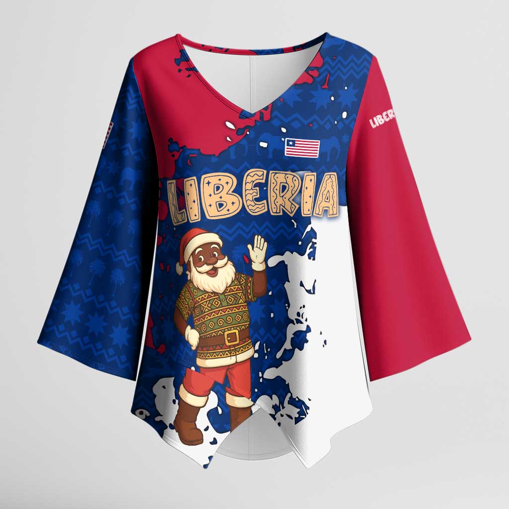 Liberia Christmas Kimono Sleeve Blouse with Santa Claus Map Graphic and Red Blue Festive - Wonder Print Shop