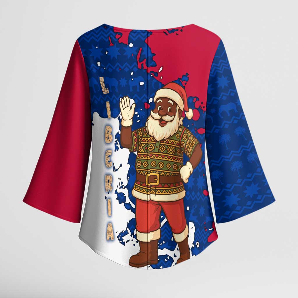 Liberia Christmas Kimono Sleeve Blouse with Santa Claus Map Graphic and Red Blue Festive - Wonder Print Shop