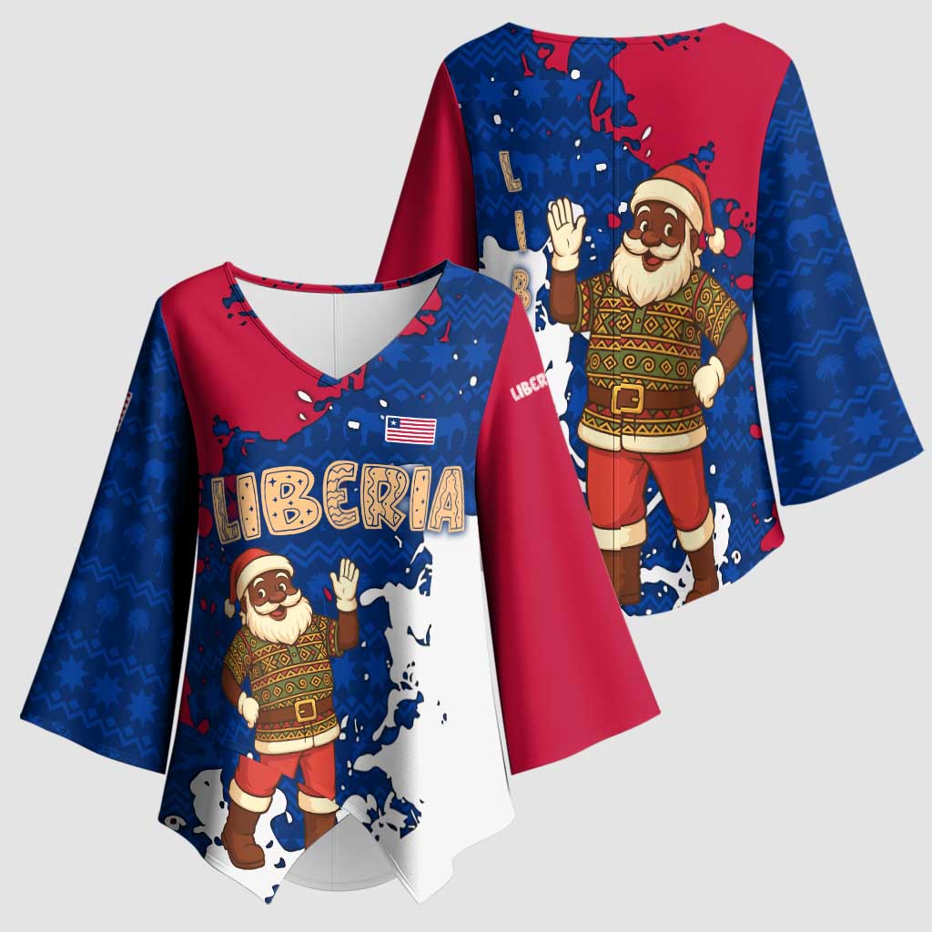 Liberia Christmas Kimono Sleeve Blouse with Santa Claus Map Graphic and Red Blue Festive - Wonder Print Shop