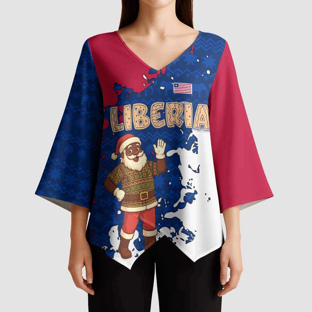 Liberia Christmas Kimono Sleeve Blouse with Santa Claus Map Graphic and Red Blue Festive - Wonder Print Shop