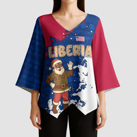 Liberia Christmas Kimono Sleeve Blouse with Santa Claus Map Graphic and Red Blue Festive - Wonder Print Shop
