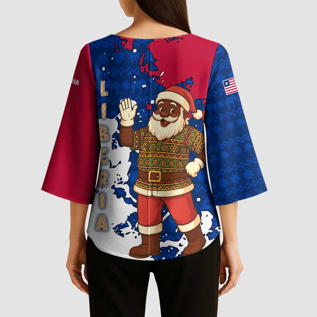Liberia Christmas Kimono Sleeve Blouse with Santa Claus Map Graphic and Red Blue Festive - Wonder Print Shop