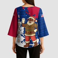 Liberia Christmas Kimono Sleeve Blouse with Santa Claus Map Graphic and Red Blue Festive - Wonder Print Shop