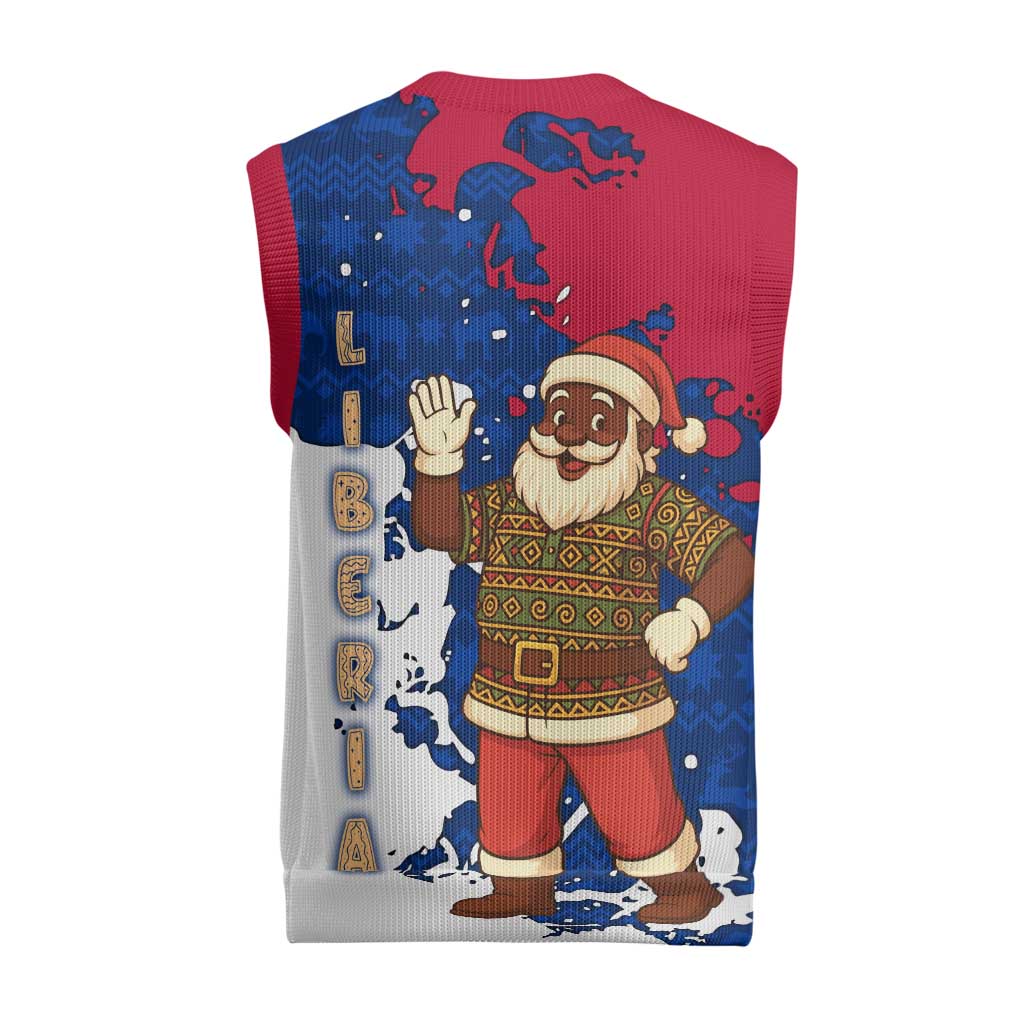 Liberia Christmas Knitted V-Neck Vest with Santa Claus Map Graphic and Red Blue Festive - Wonder Print Shop