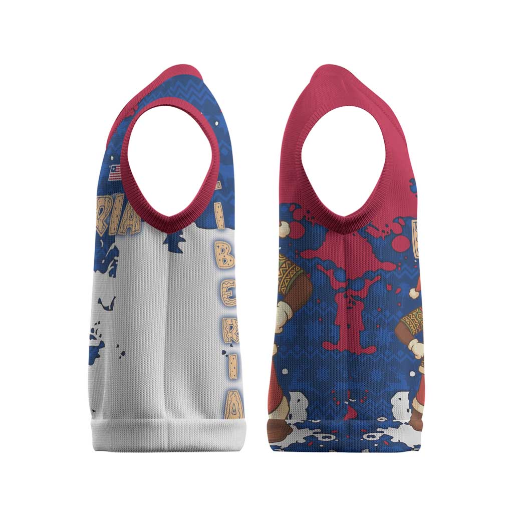 Liberia Christmas Knitted V-Neck Vest with Santa Claus Map Graphic and Red Blue Festive - Wonder Print Shop