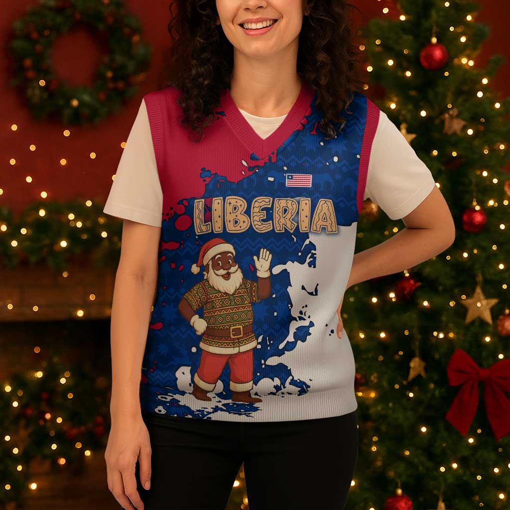 Liberia Christmas Knitted V-Neck Vest with Santa Claus Map Graphic and Red Blue Festive - Wonder Print Shop