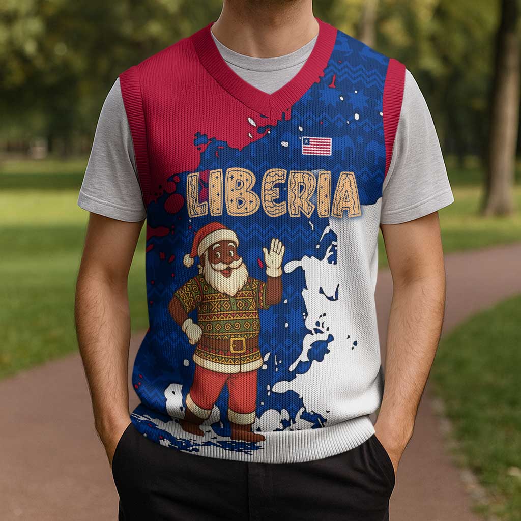 Liberia Christmas Knitted V-Neck Vest with Santa Claus Map Graphic and Red Blue Festive - Wonder Print Shop