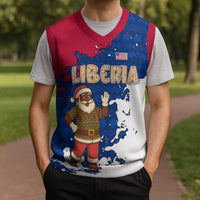 Liberia Christmas Knitted V-Neck Vest with Santa Claus Map Graphic and Red Blue Festive - Wonder Print Shop