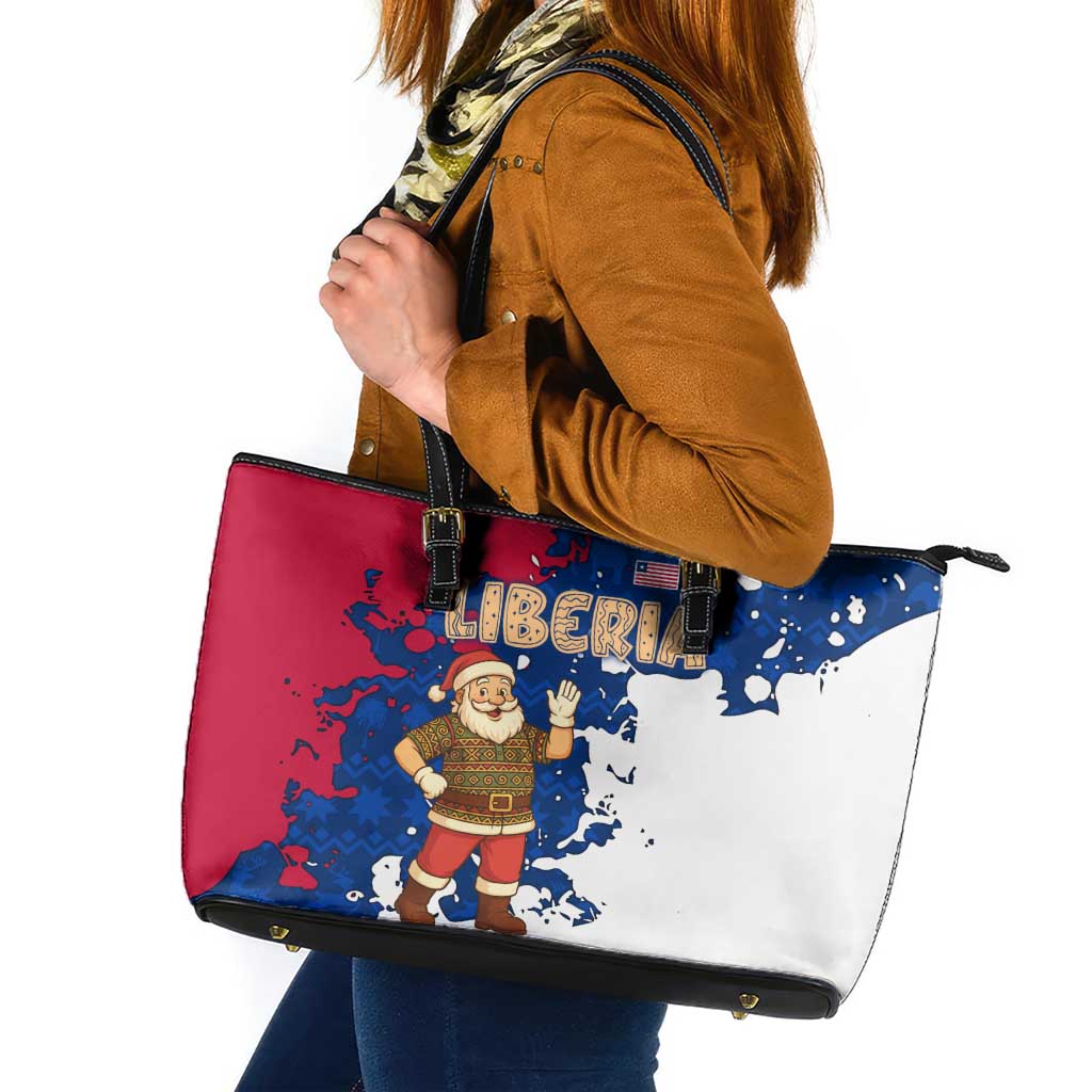 Liberia Christmas Leather Tote Bag with Santa Claus Map Graphic and Red Blue Festive - Wonder Print Shop